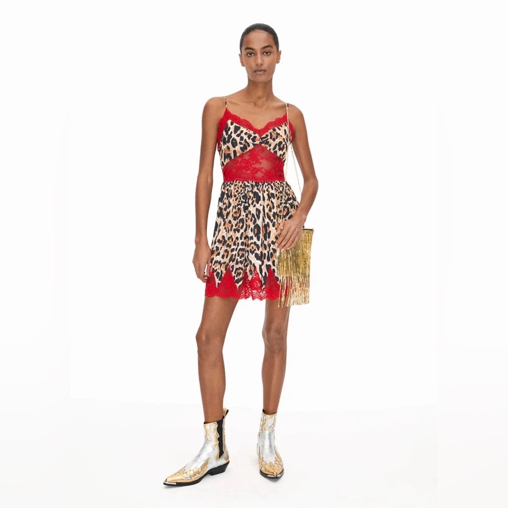 Paco Rabanne x H&M Limited Edition Red Lace Trim Leopard Satin Slip Dress Sz L